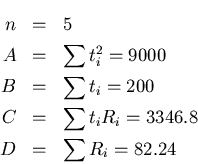 \begin{eqnarray*}n &=& 5 \\
A &=& \sum t_i^2 = 9000 \\
B &=& \sum t_i = 200 \\
C &=& \sum t_iR_i = 3346.8 \\
D &=& \sum R_i = 82.24
\end{eqnarray*}
